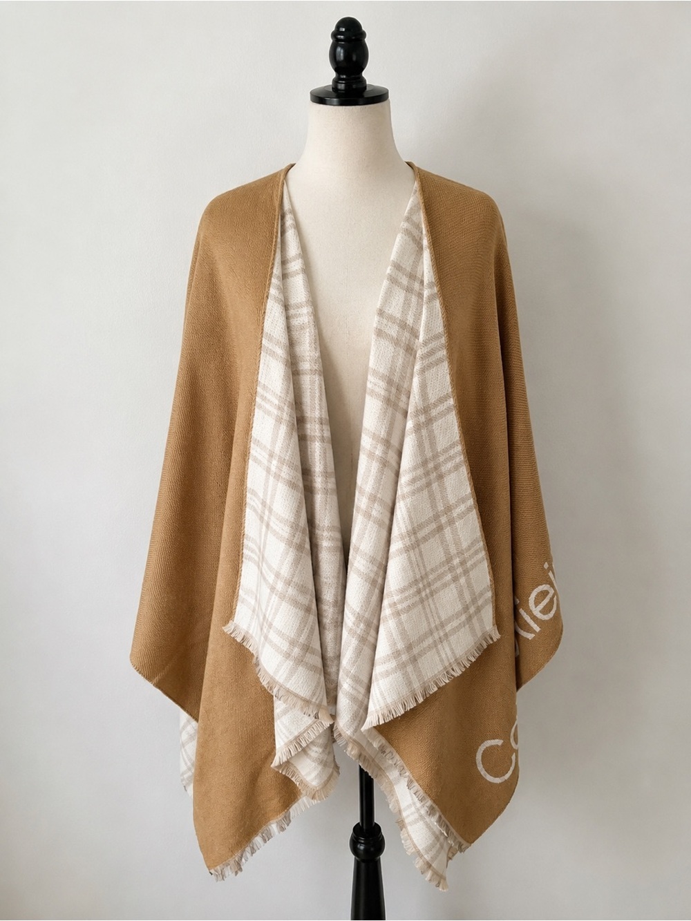 Calvin Klein Reversible Ruana Poncho Wrap Camel Beige Plaid One Size Tall